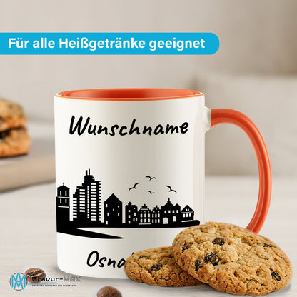 Tasse in Orange 330ml bedruckt mit der Skyline von Osnabrück personalisierbar mit Wunschname