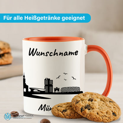 Tasse in Orange 330ml bedruckt mit der Skyline von München personalisierbar mit Wunschname
