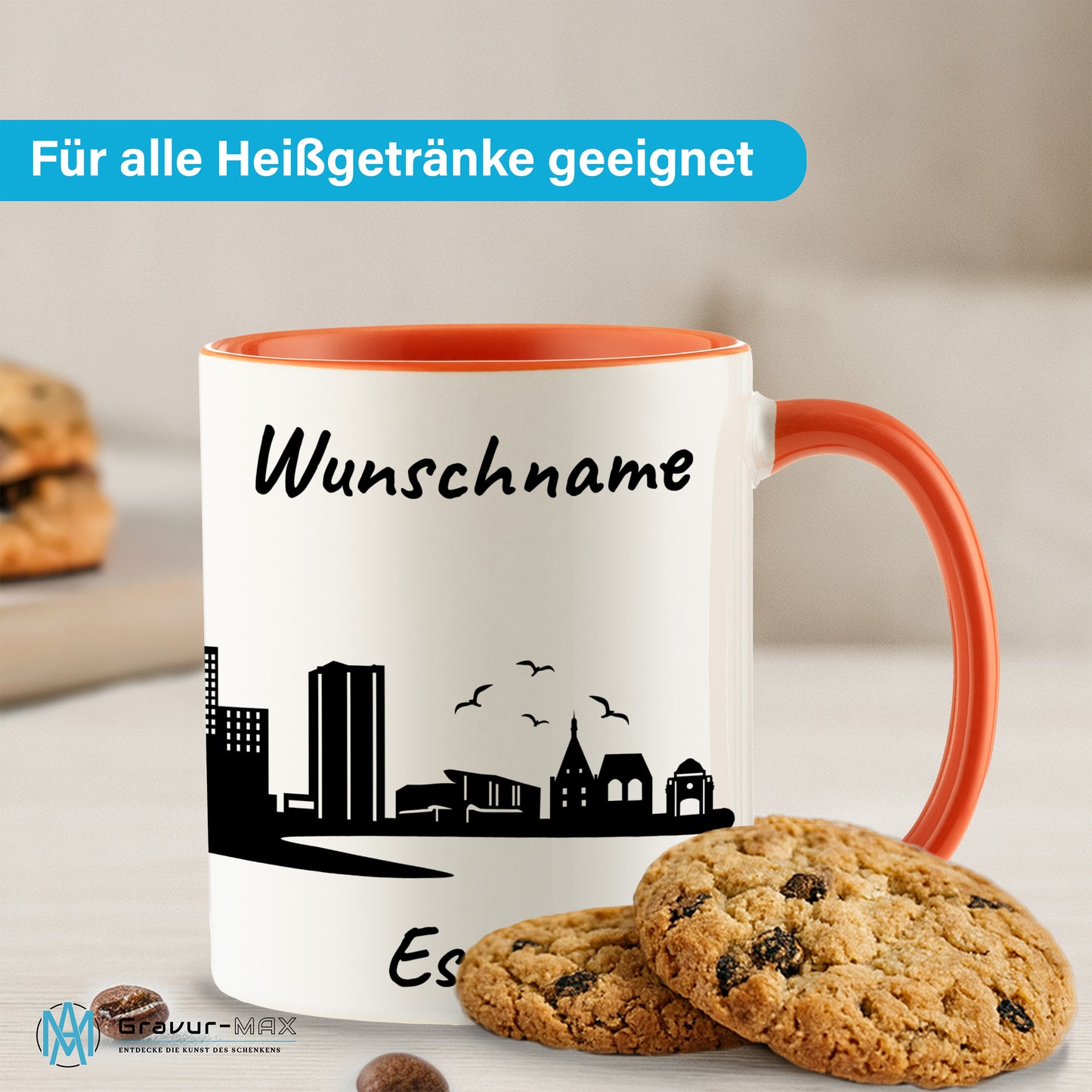 Tasse in Orange 330ml bedruckt mit der Skyline von Essen personalisierbar mit Wunschname