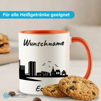 Tasse in Orange 330ml bedruckt mit der Skyline von Essen personalisierbar mit Wunschname