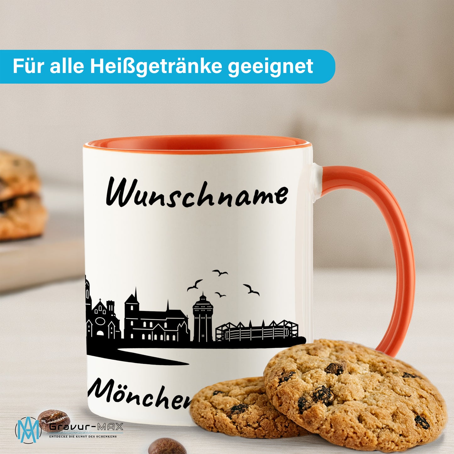 Tasse in Orange 330ml bedruckt mit der Skyline von Mönchengladbach personalisierbar mit Wunschname