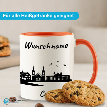 Tasse in Orange 330ml bedruckt mit der Skyline von Celle personalisierbar mit Wunschname