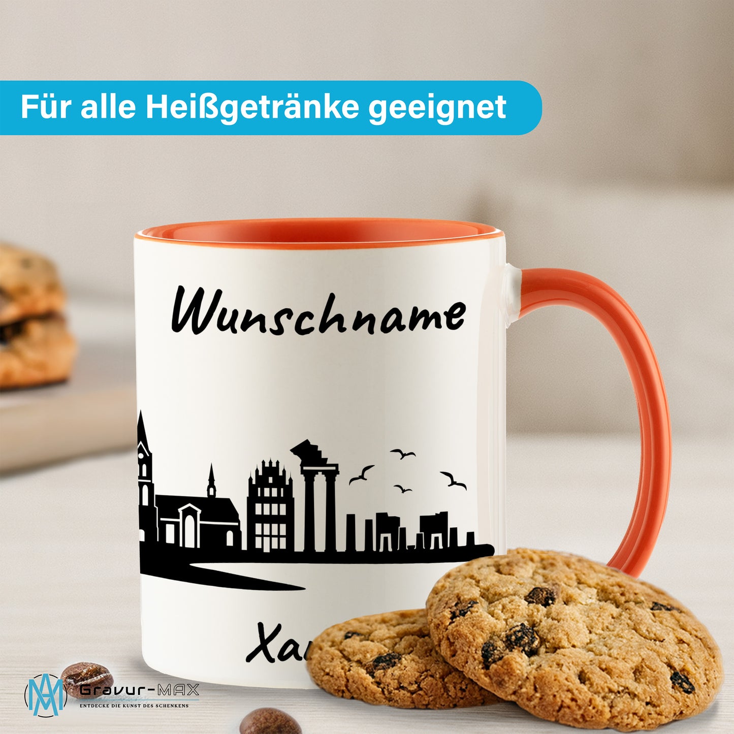 Tasse in Orange 330ml bedruckt mit der Skyline von Xanten personalisierbar mit Wunschname