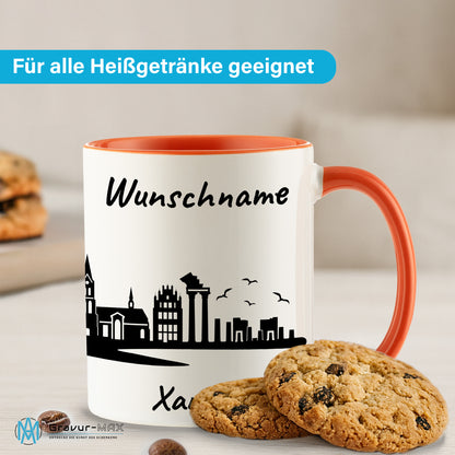 Tasse in Orange 330ml bedruckt mit der Skyline von Xanten personalisierbar mit Wunschname