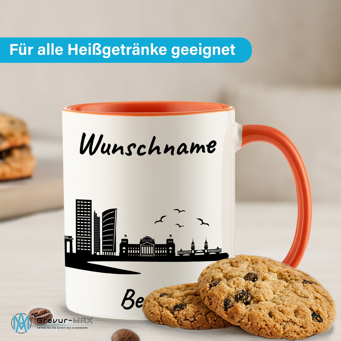 Tasse in Orange 330ml bedruckt mit der Skyline von Berlin personalisierbar mit Wunschname