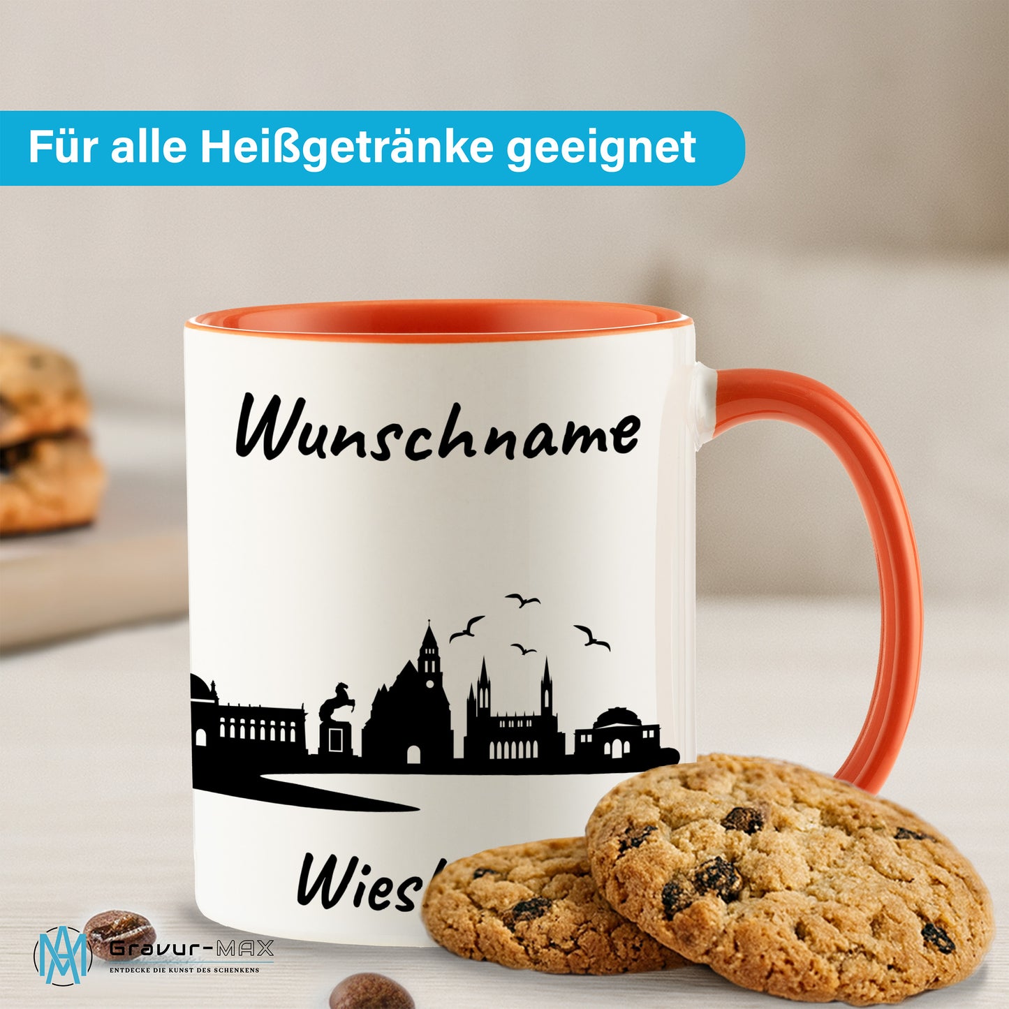 Tasse in Orange 330ml bedruckt mit der Skyline von Wiesbaden personalisierbar mit Wunschname