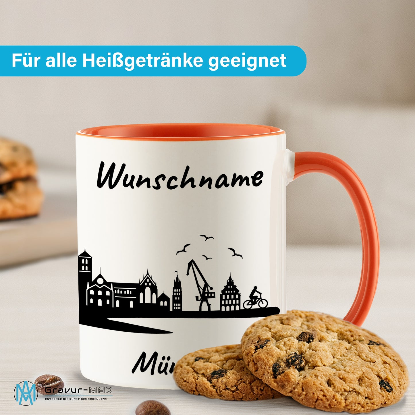 Tasse in Orange 330ml bedruckt mit der Skyline von Münster personalisierbar mit Wunschname