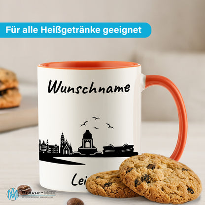 Tasse in Orange 330ml bedruckt mit der Skyline von Leipzig personalisierbar mit Wunschname