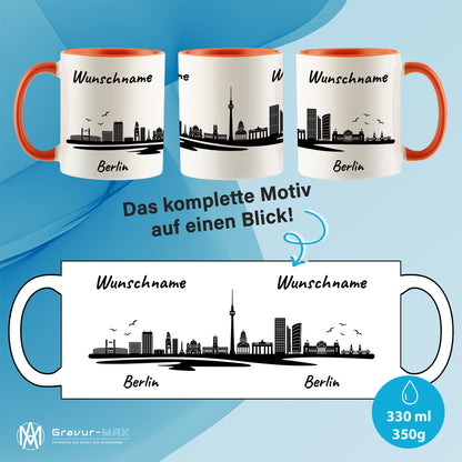 Tasse in Orange 330ml bedruckt mit der Skyline von Berlin personalisierbar mit Wunschname