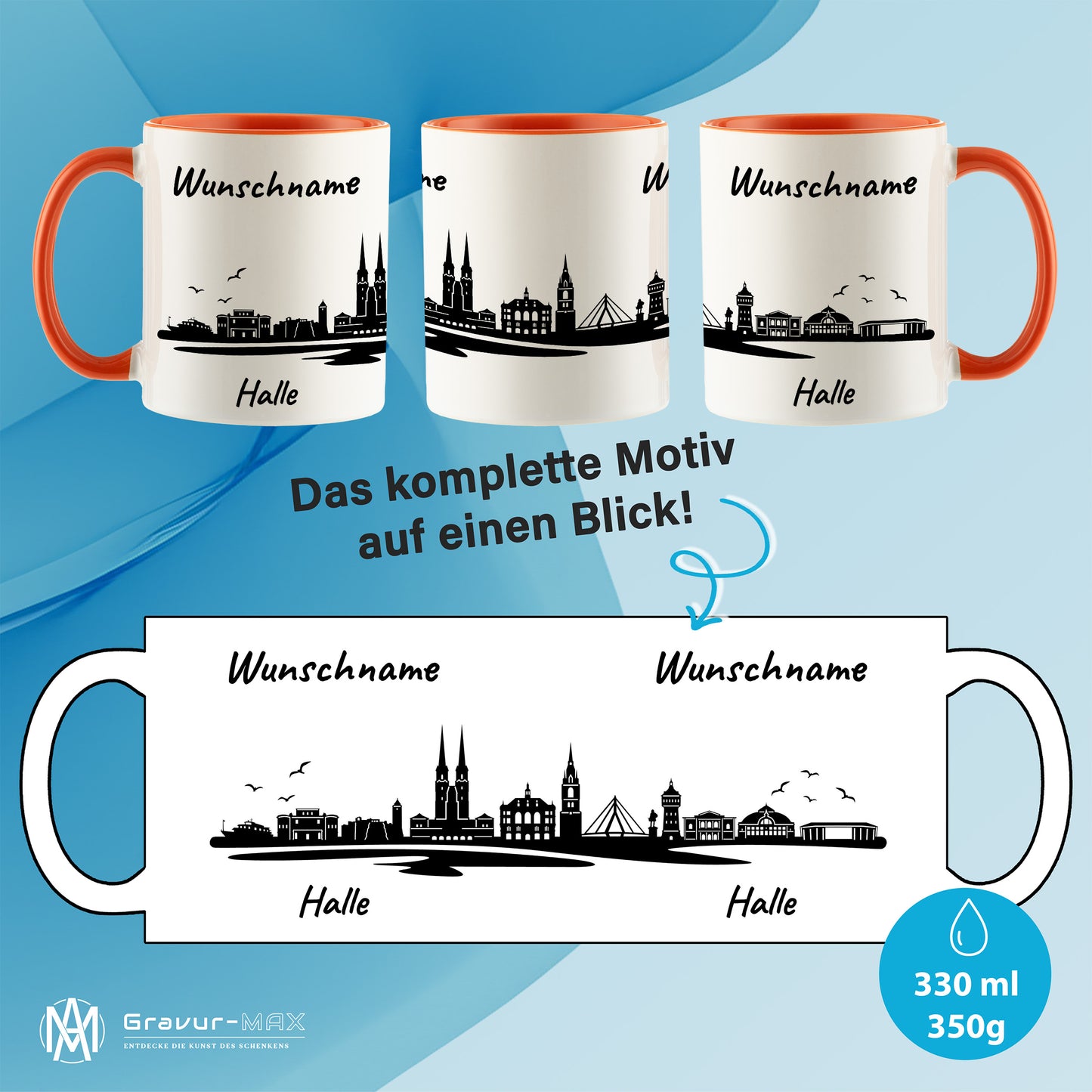 Tasse in Orange 330ml bedruckt mit der Skyline von Halle personalisierbar mit Wunschname