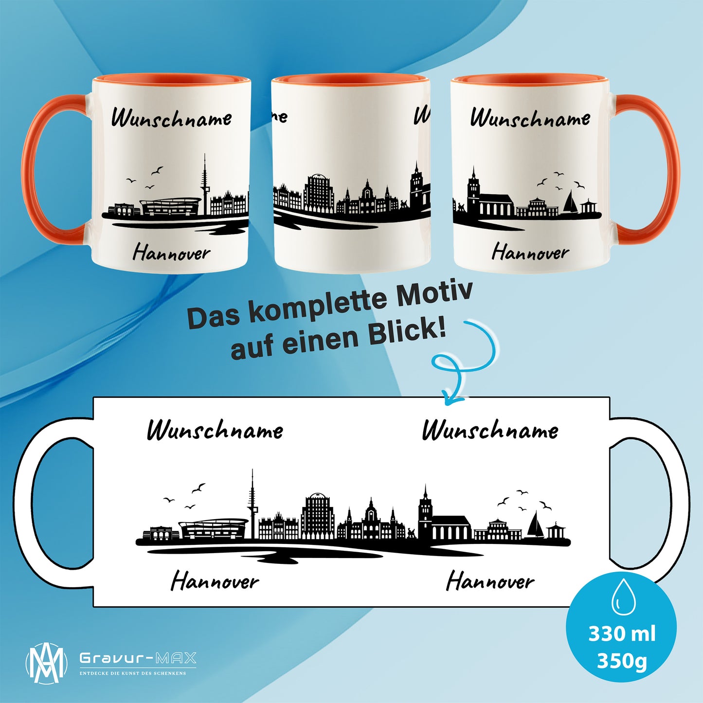 Tasse in Orange 330ml bedruckt mit der Skyline von Hannover personalisierbar mit Wunschname