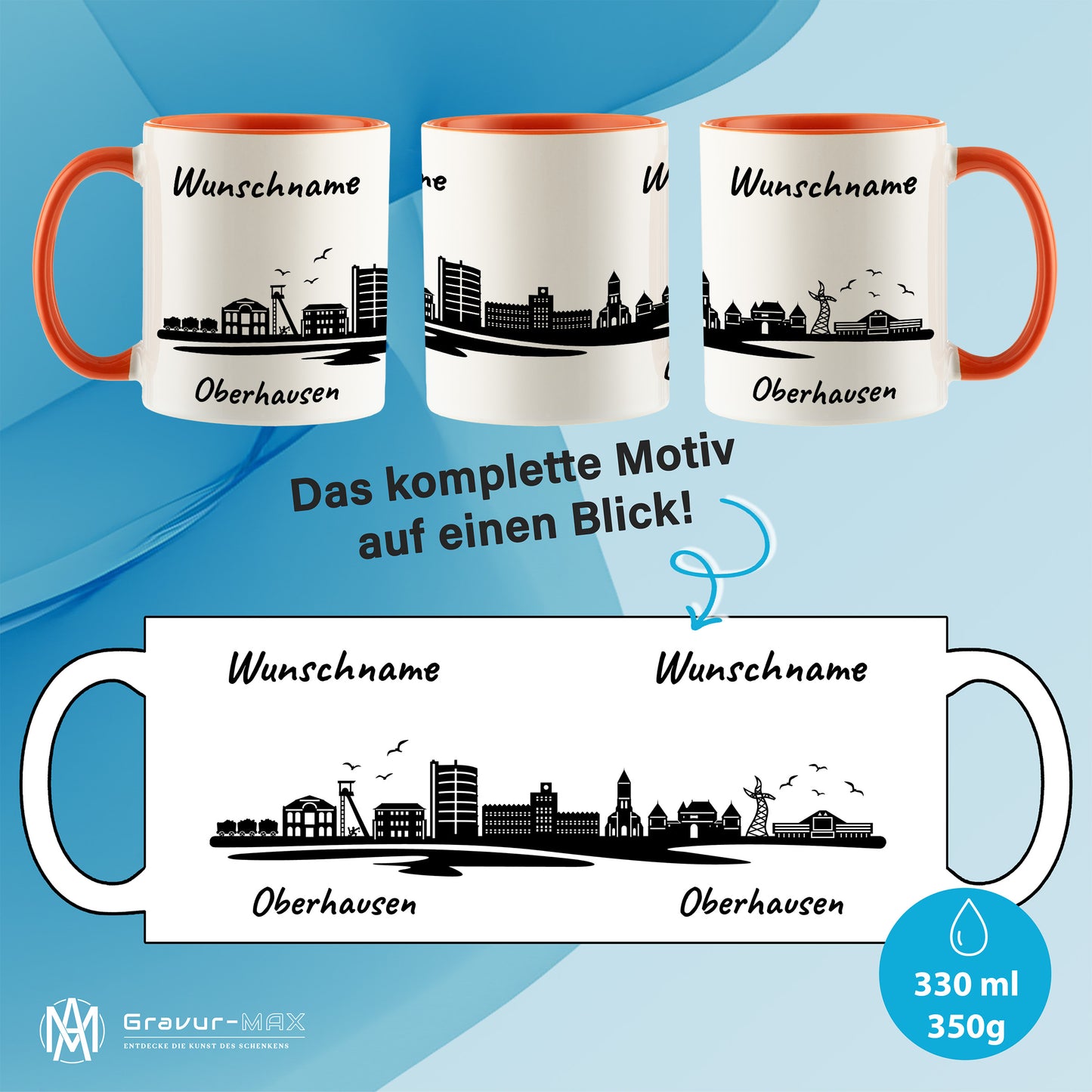 Tasse in Orange 330ml bedruckt mit der Skyline von Oberhausen personalisierbar mit Wunschname