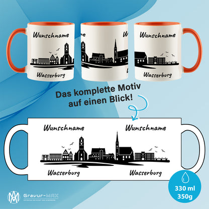 Tasse in Orange 330ml bedruckt mit der Skyline von Wasserburg personalisierbar mit Wunschname