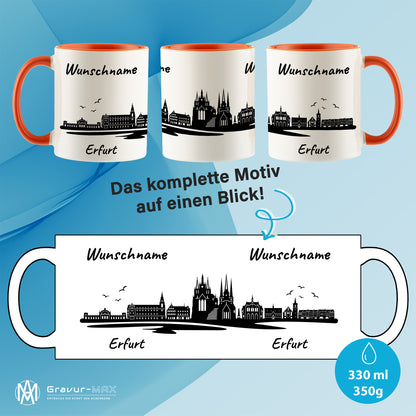 Tasse in Orange 330ml bedruckt mit der Skyline von Erfurt personalisierbar mit Wunschname