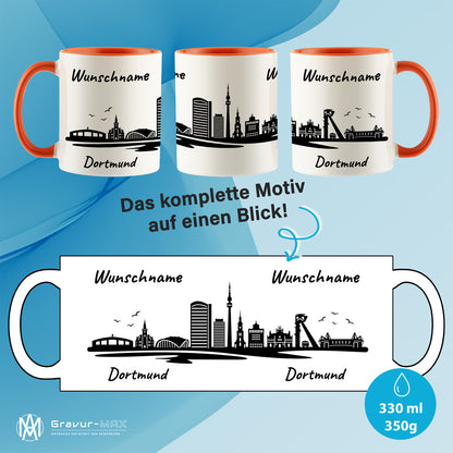 Tasse in Orange 330ml bedruckt mit der Skyline von Dortmund personalisierbar mit Wunschname