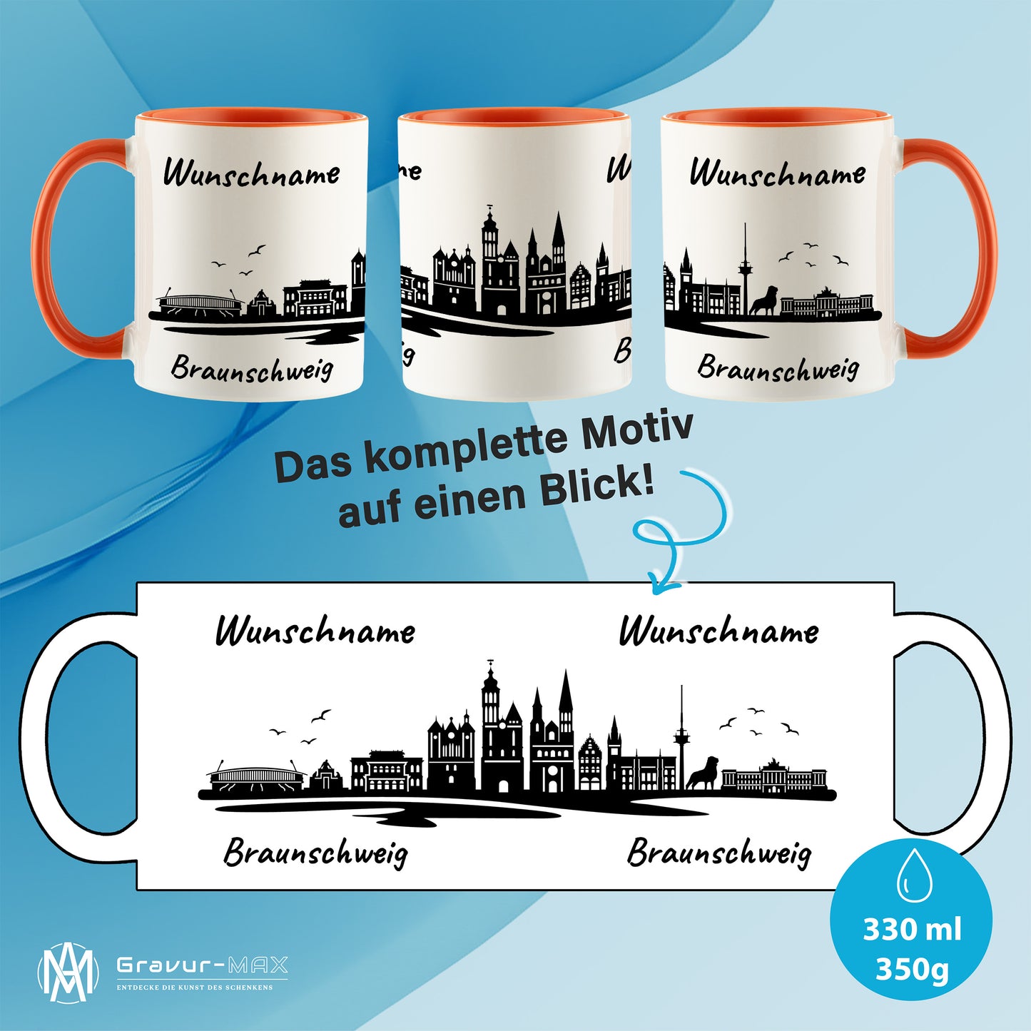Tasse in Orange 330ml bedruckt mit der Skyline von Braunschweig personalisierbar mit Wunschname