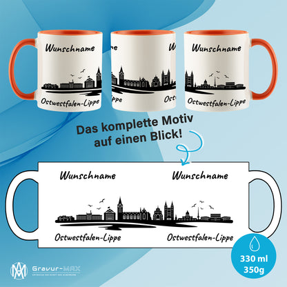 Tasse in Orange 330ml bedruckt mit der Skyline von Ostwestfalen-Lippe personalisierbar mit Wunschname