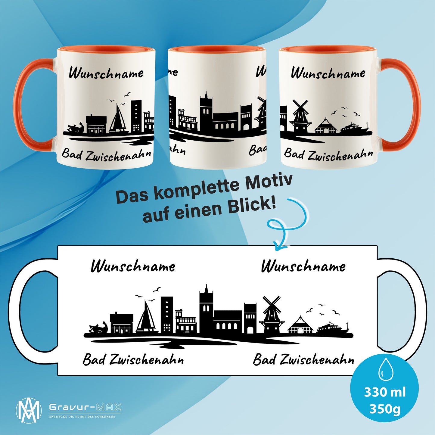 Tasse in Orange 330ml bedruckt mit der Skyline von Bad Zwischenahn personalisierbar mit Wunschname