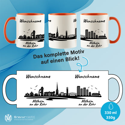 Tasse in Orange 330ml bedruckt mit der Skyline von Mülheim an der Ruhr personalisierbar mit Wunschname