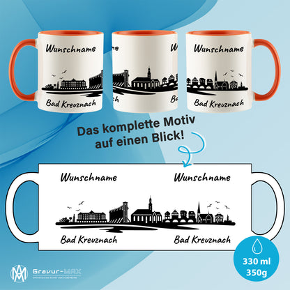 Tasse in Orange 330ml bedruckt mit der Skyline von Bad Kreuznach personalisierbar mit Wunschname