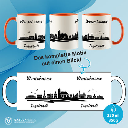Tasse in Orange 330ml bedruckt mit der Skyline von Ingolstadt personalisierbar mit Wunschname