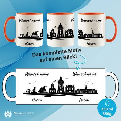 Tasse in Orange 330ml bedruckt mit der Skyline von Husum personalisierbar mit Wunschname