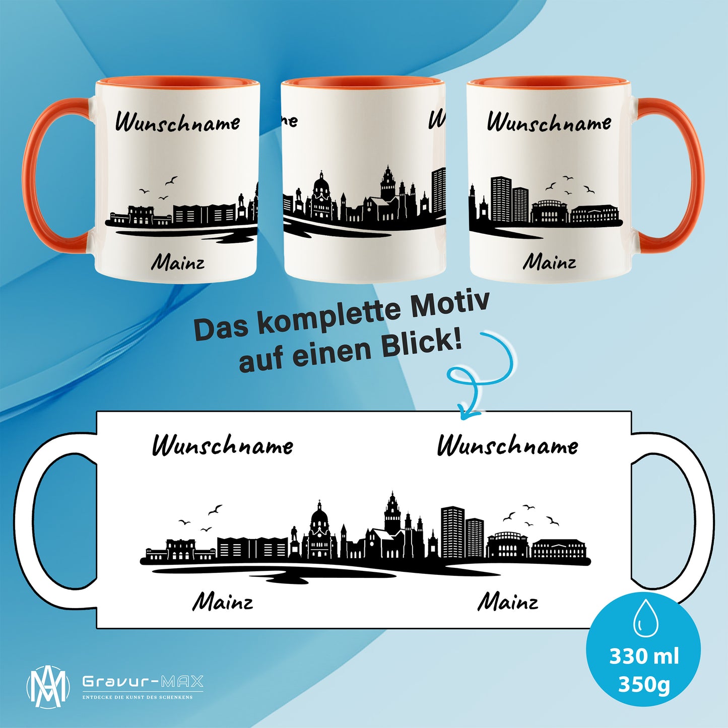 Tasse in Orange 330ml bedruckt mit der Skyline von Mainz personalisierbar mit Wunschname