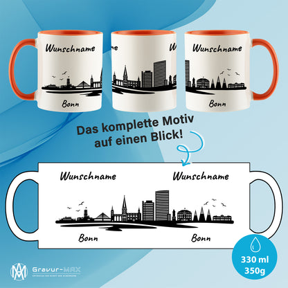 Tasse in Orange 330ml bedruckt mit der Skyline von Bonn personalisierbar mit Wunschname