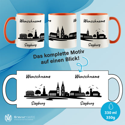 Tasse in Orange 330ml bedruckt mit der Skyline von Siegburg personalisierbar mit Wunschname