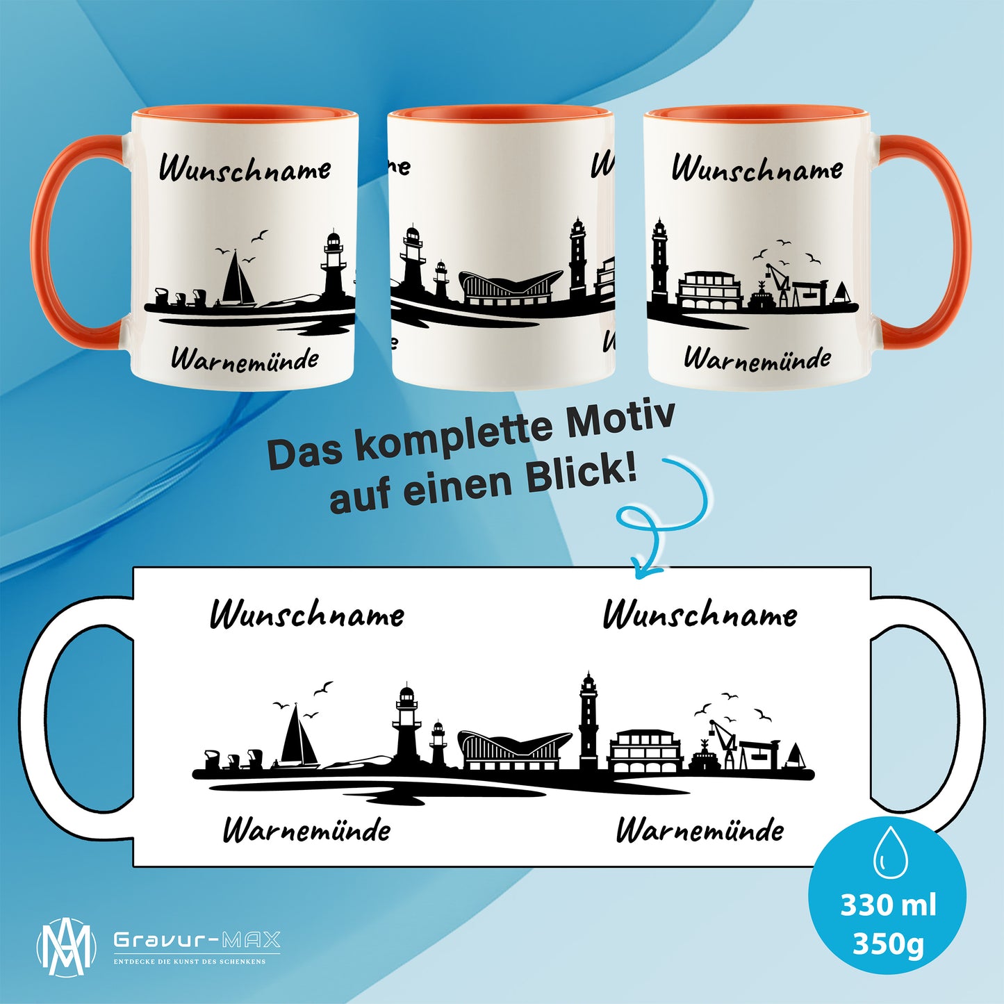 Tasse in Orange 330ml bedruckt mit der Skyline von Warnemünde personalisierbar mit Wunschname