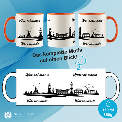 Tasse in Orange 330ml bedruckt mit der Skyline von Warnemünde personalisierbar mit Wunschname