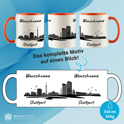 Tasse in Orange 330ml bedruckt mit der Skyline von Stuttgart personalisierbar mit Wunschname