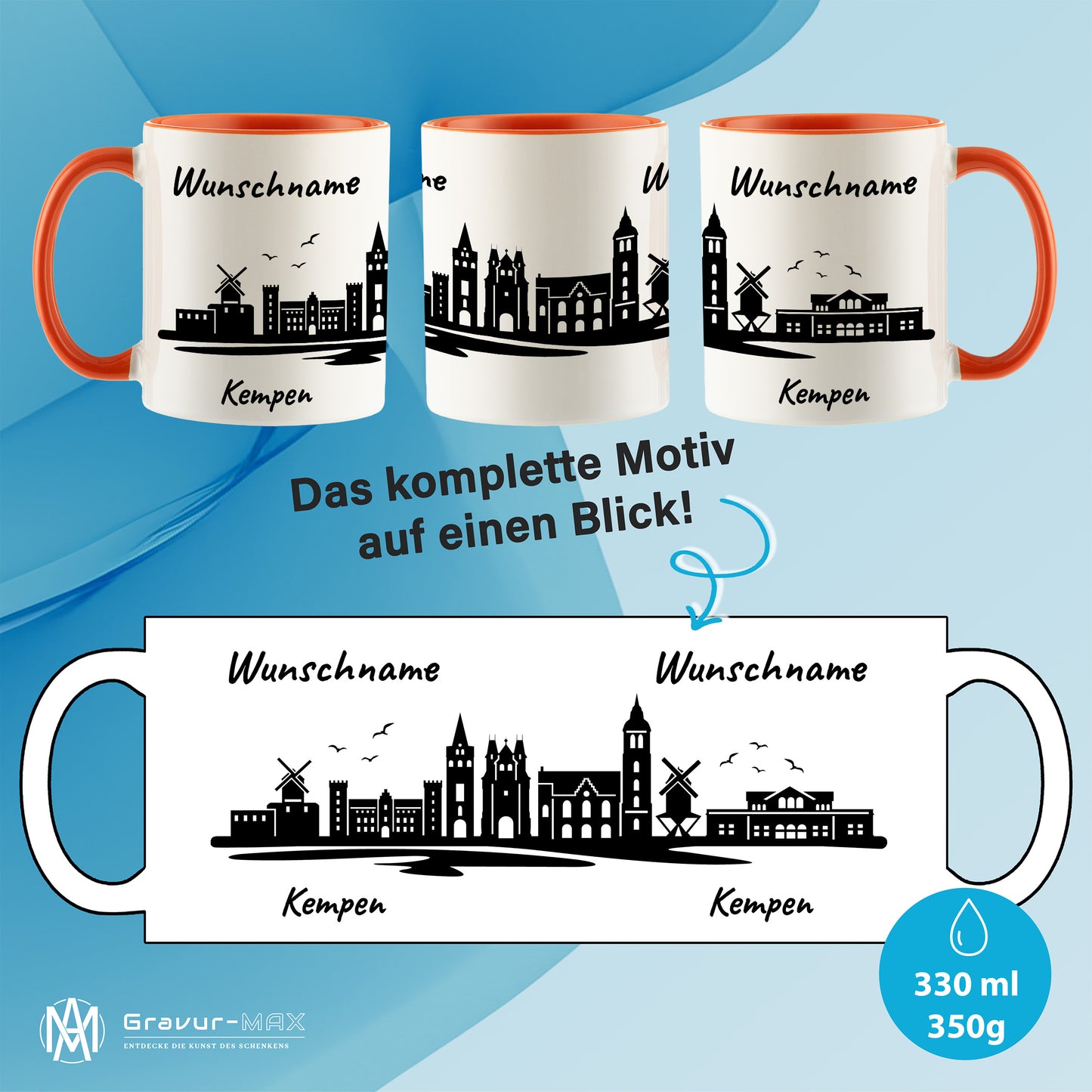 Tasse in Orange 330ml bedruckt mit der Skyline von Kempen personalisierbar mit Wunschname