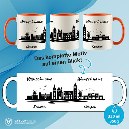 Tasse in Orange 330ml bedruckt mit der Skyline von Kempen personalisierbar mit Wunschname