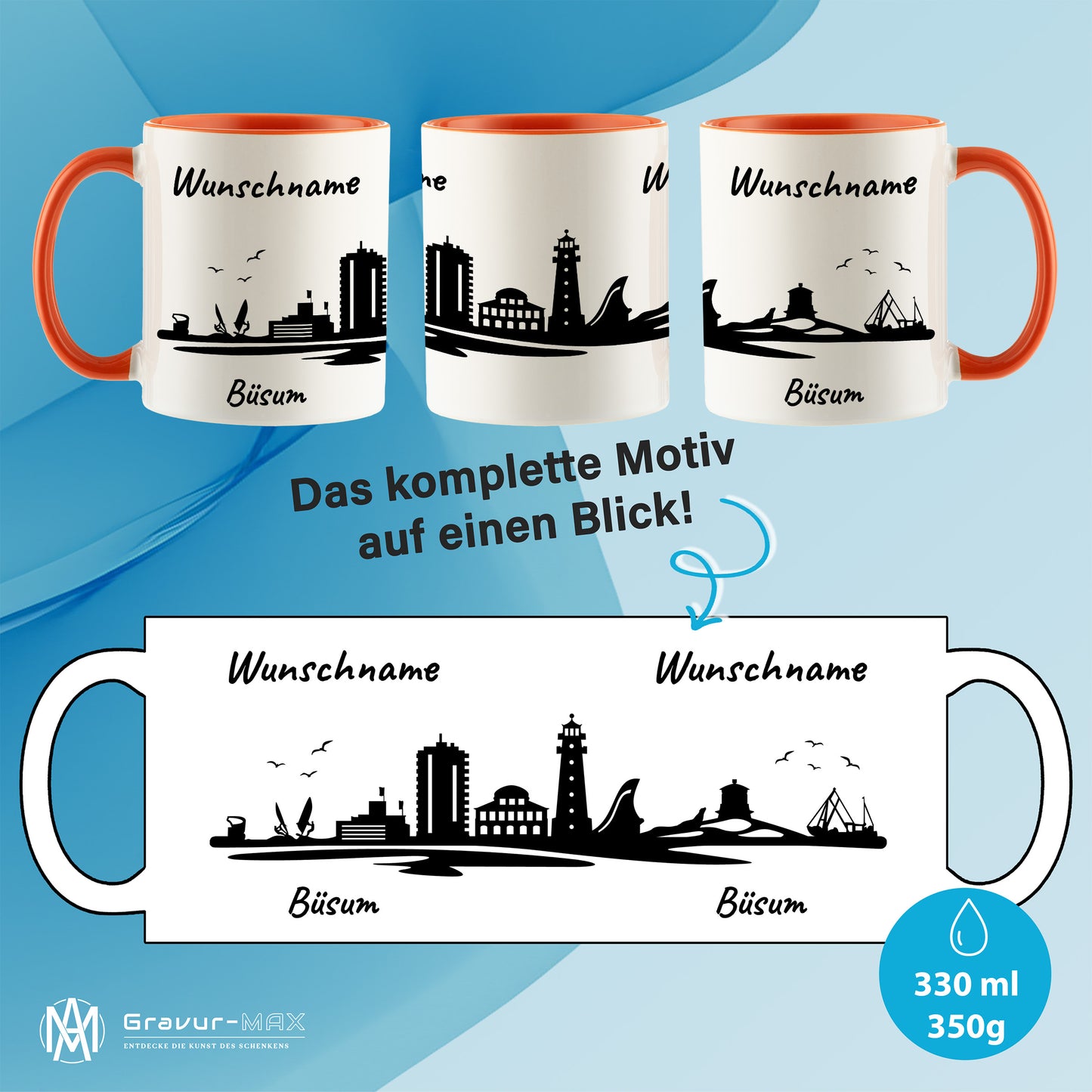 Tasse in Orange 330ml bedruckt mit der Skyline von Büsum personalisierbar mit Wunschname