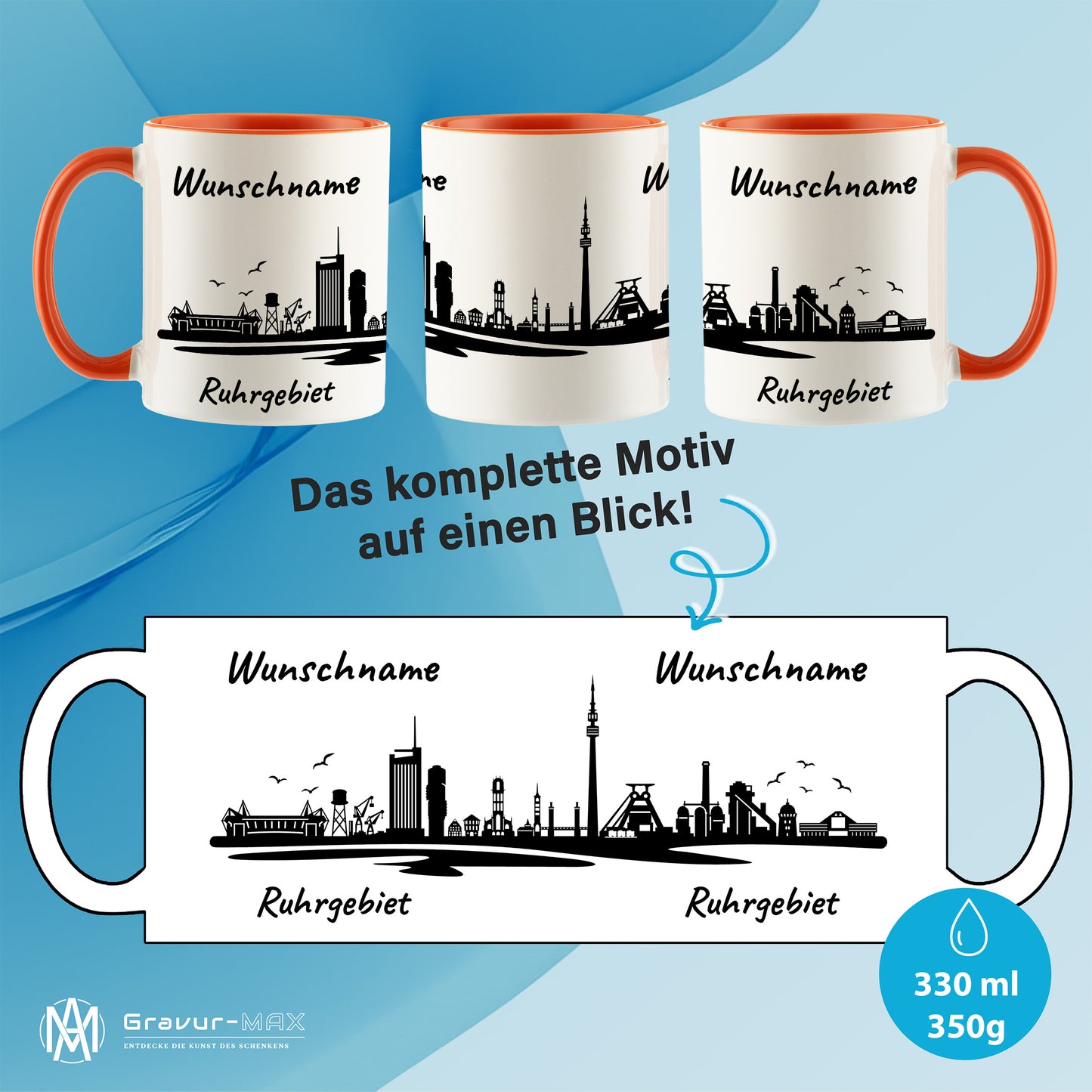 Tasse in Orange 330ml bedruckt mit der Skyline von Ruhrgebiet personalisierbar mit Wunschname