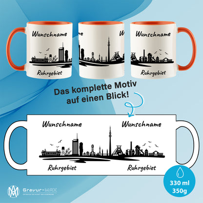 Tasse in Orange 330ml bedruckt mit der Skyline von Ruhrgebiet personalisierbar mit Wunschname