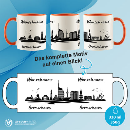 Tasse in Orange 330ml bedruckt mit der Skyline von Bremerhaven personalisierbar mit Wunschname