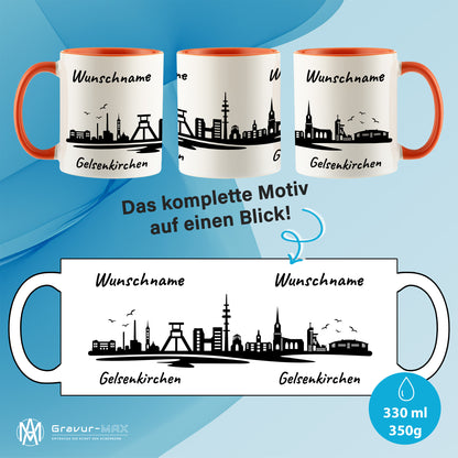Tasse in Orange 330ml bedruckt mit der Skyline von Gelsenkirchen personalisierbar mit Wunschname