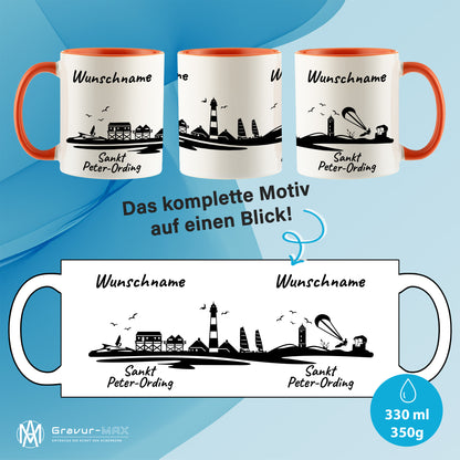 Tasse in Orange 330ml bedruckt mit der Skyline von Sankt Peter-Ording personalisierbar mit Wunschname