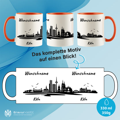 Tasse in Orange 330ml bedruckt mit der Skyline von Köln personalisierbar mit Wunschname