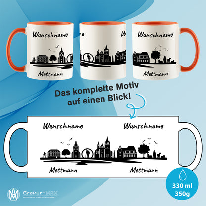 Tasse in Orange 330ml bedruckt mit der Skyline von Mettmann personalisierbar mit Wunschname