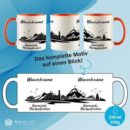 Tasse in Orange 330ml bedruckt mit der Skyline von Garmisch-Partenkirchen personalisierbar mit Wunschname
