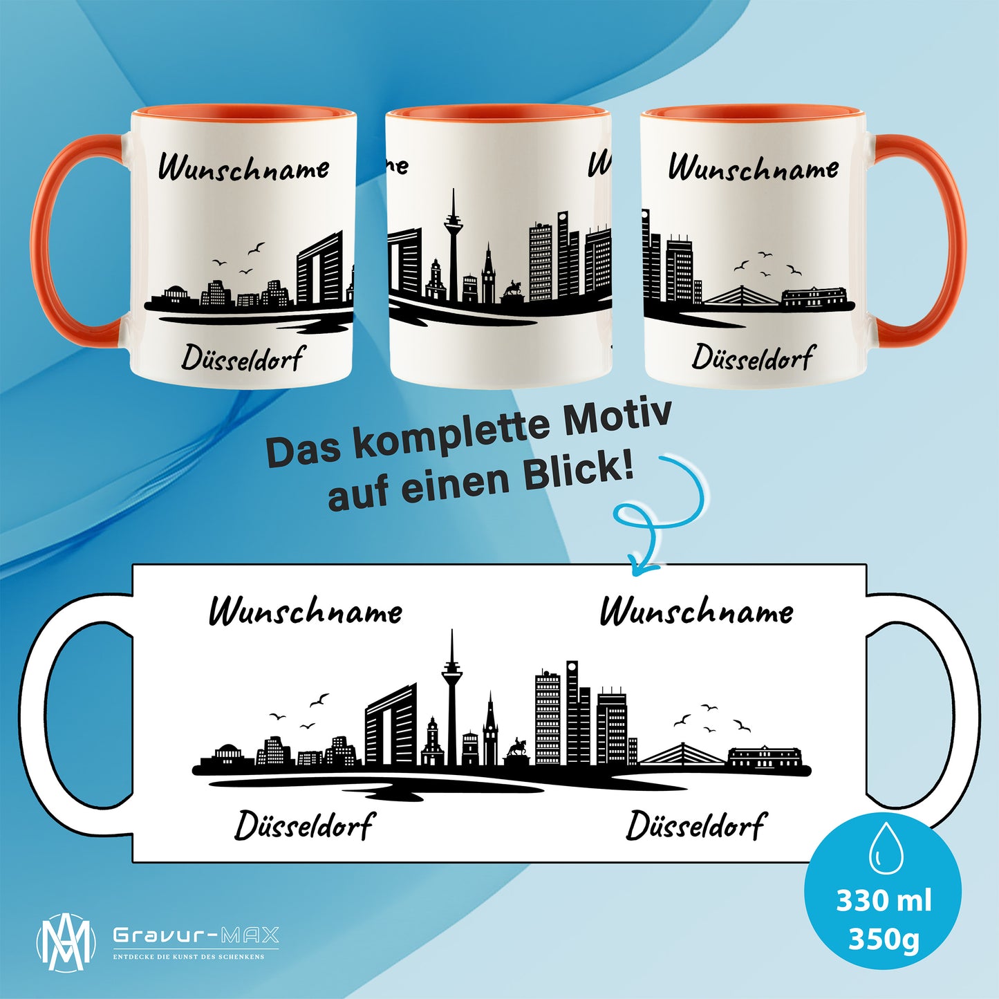 Tasse in Orange 330ml bedruckt mit der Skyline von Düsseldorf personalisierbar mit Wunschname