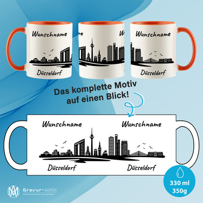 Tasse in Orange 330ml bedruckt mit der Skyline von Düsseldorf personalisierbar mit Wunschname