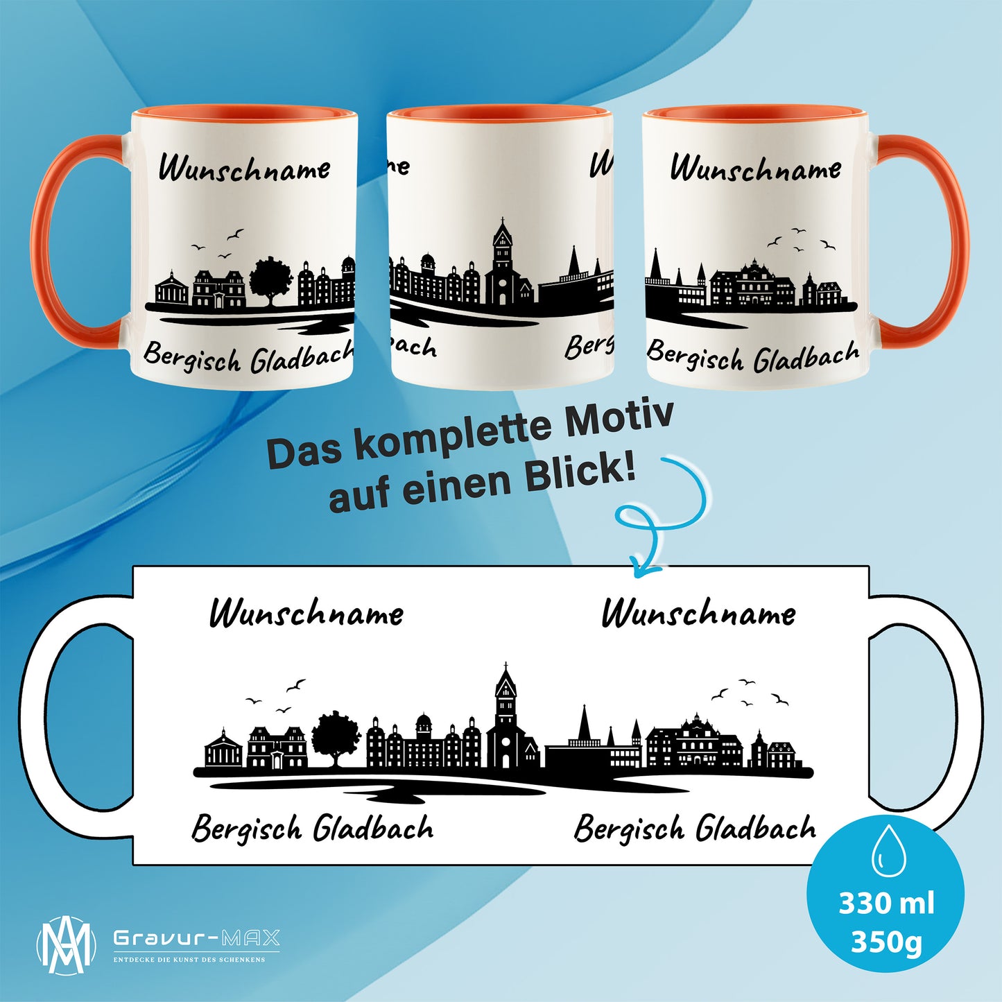 Tasse in Orange 330ml bedruckt mit der Skyline von Bergisch Gladbach personalisierbar mit Wunschname