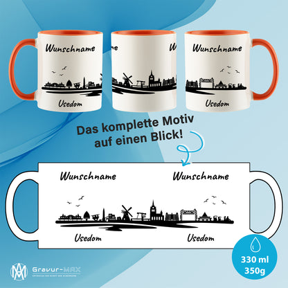 Tasse in Orange 330ml bedruckt mit der Skyline von Usedom personalisierbar mit Wunschname