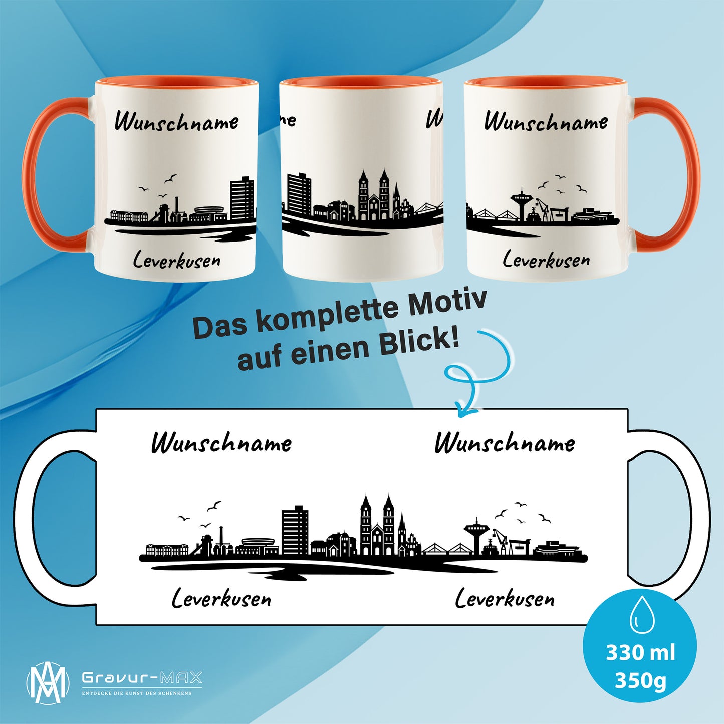 Tasse in Orange 330ml bedruckt mit der Skyline von Leverkusen personalisierbar mit Wunschname