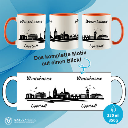 Tasse in Orange 330ml bedruckt mit der Skyline von Lippstadt personalisierbar mit Wunschname