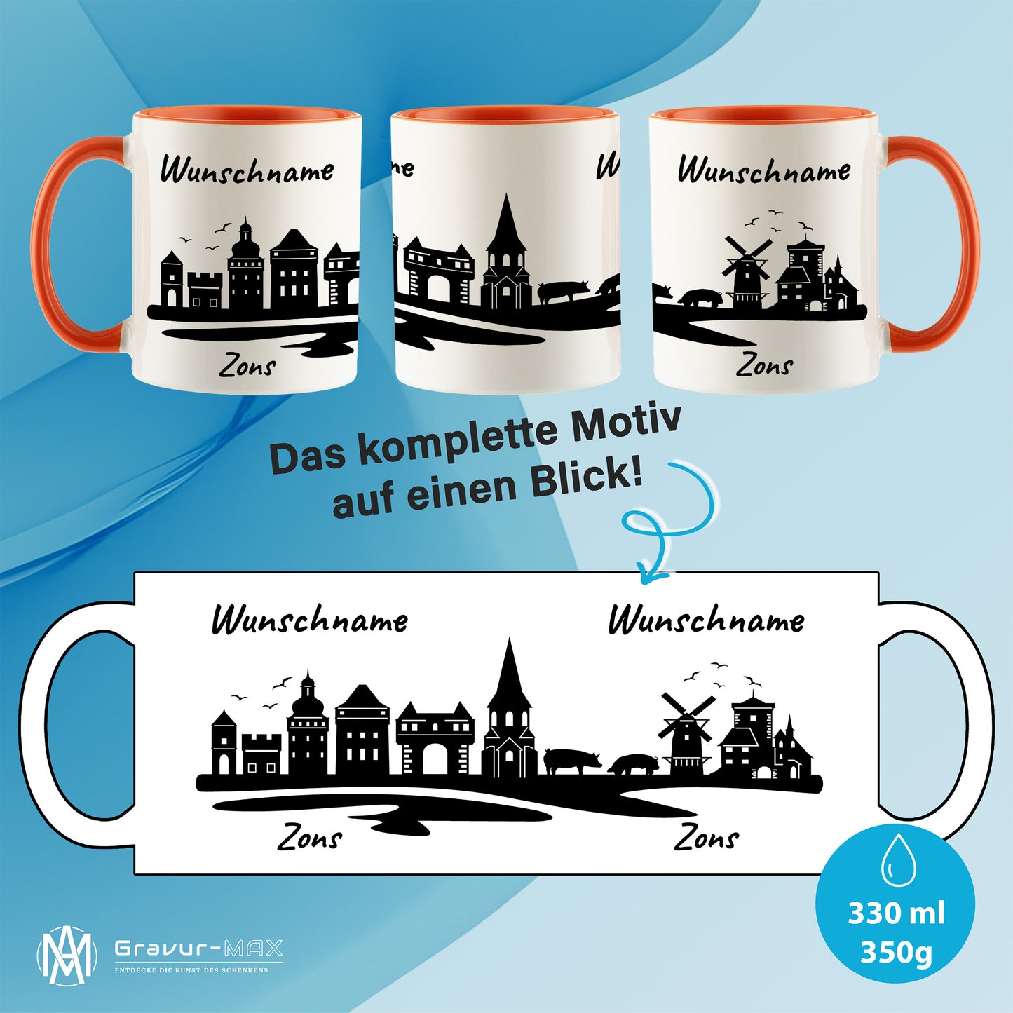 Tasse in Orange 330ml bedruckt mit der Skyline von Zons (Dormagen) personalisierbar mit Wunschname